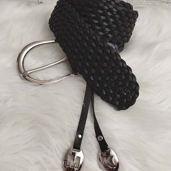 Michael Kors Black Leather Braided Belt with Silver Buckle & Monogram Charms main image 4